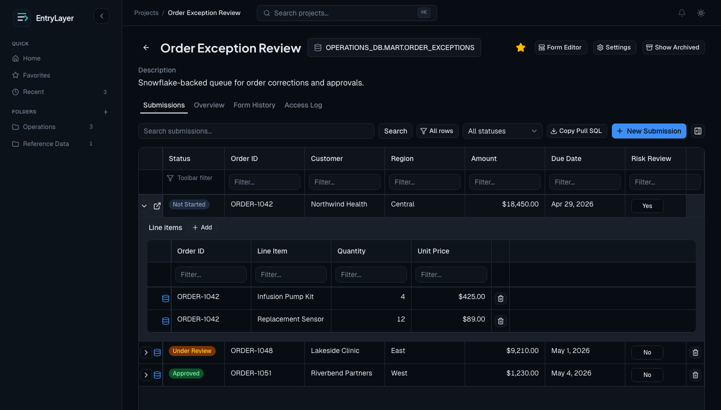 Customer submission with nested Orders child records table